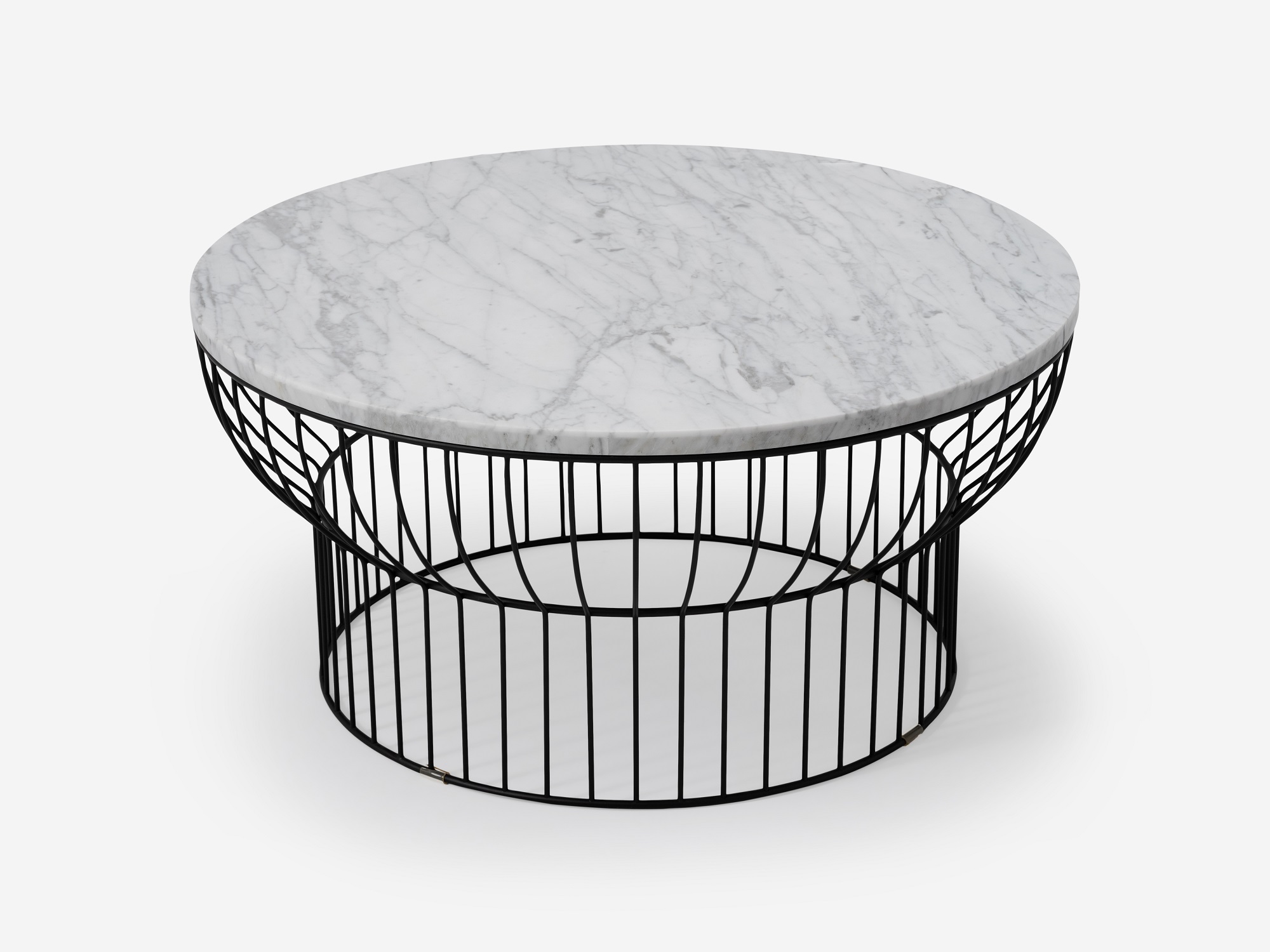 Round black wire coffee table with marble top detail view